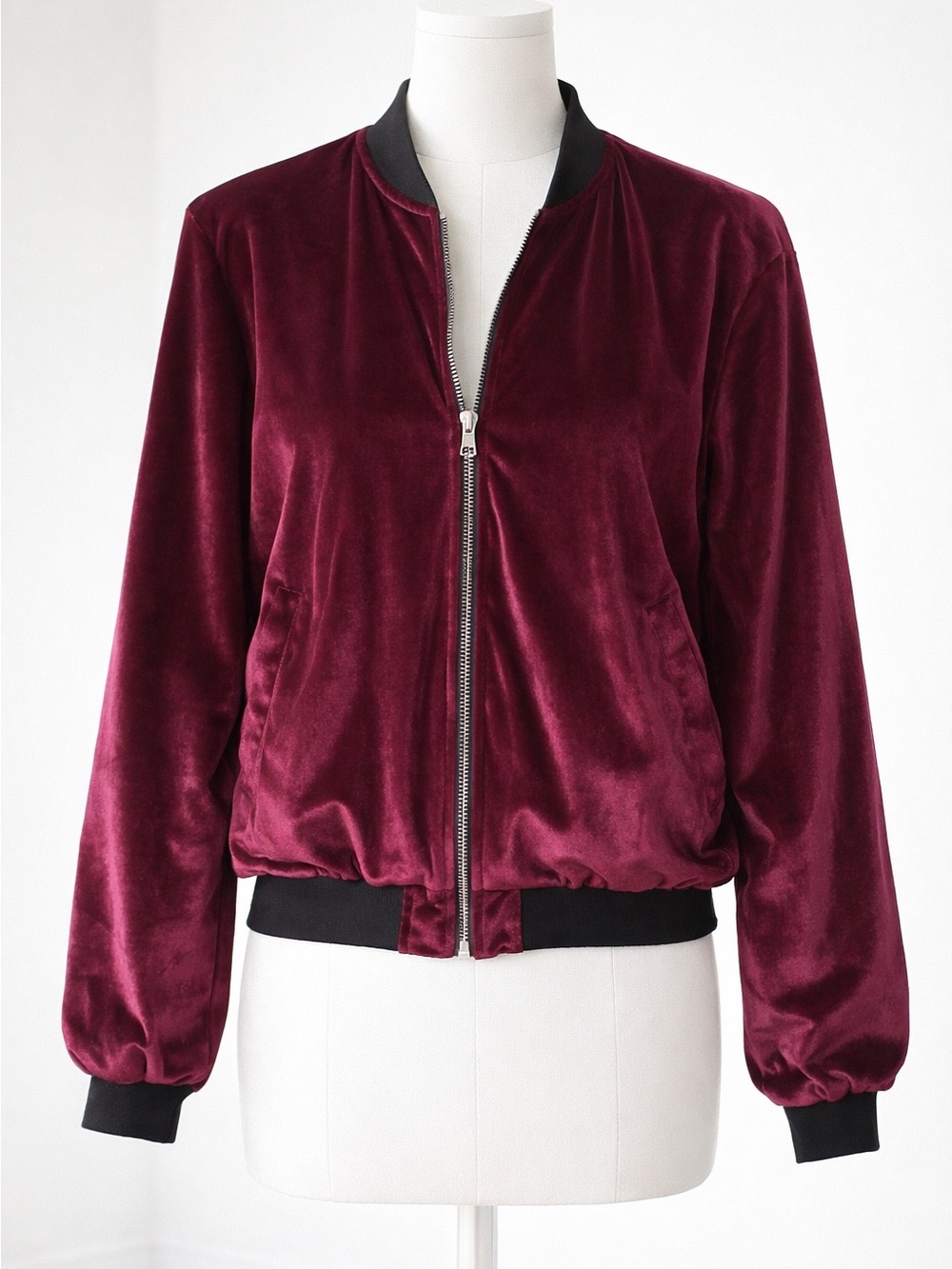 Adam Levine Burgundy Velvet Luxe Quiet Luxury Bomber Jacket Girls Plush Fall L